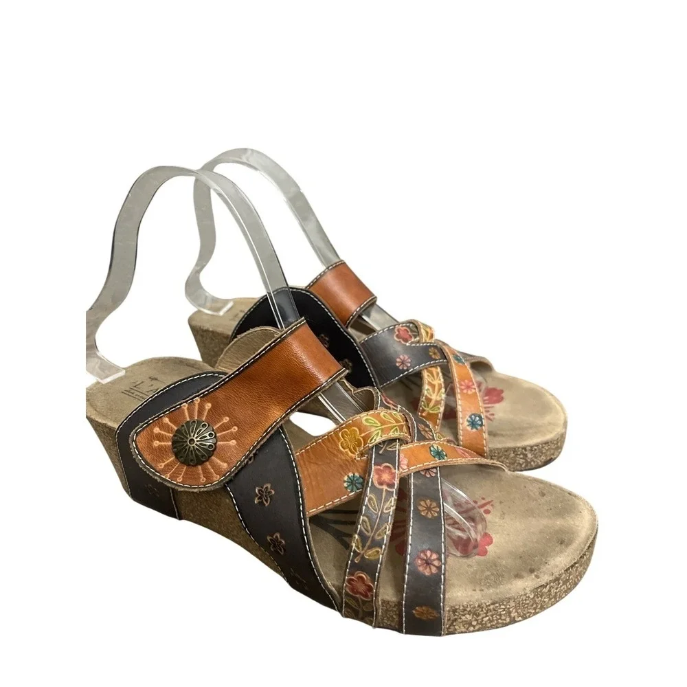 Spring Step LArtiste Sandals Womens 40 Navy Brown Jadora Floral Leather Wedge